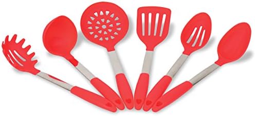 Silicone Kitchen Utensil Set - Red - Set of 6 Cooking Utensils - Free Stainless Steel Stand