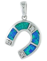 Sterling Silver Horseshoe Pendant Synthetic Opal Inlay w/ CZ stones, 9/16 inch tall
