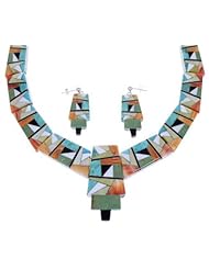 Silver Multicolor Inlay Southwest Link Necklace Earrings Set FX24477