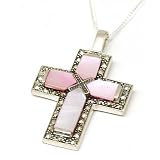 Sterling Silver Pink Mother Of Pearl Marcasite Cross Pendant on 18 Chain