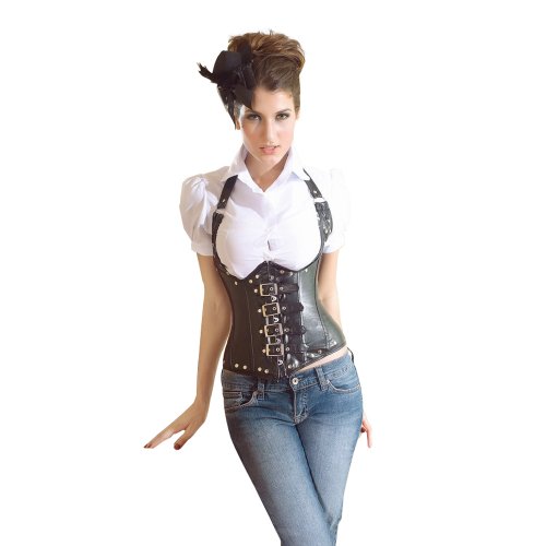 Women's Faux Leather Steel Boned Buckles Shoulder Straps Underbust Corset