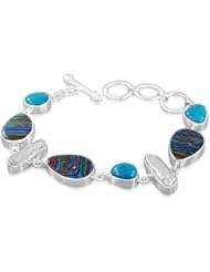 925 Sterling Silver Rainbow Calsilica Arizona Turquoise Fresh Water Pearl Natural Gemstone Wedding & Party Wear Costume Matching Designer New Link Bracelet 8.5" Jewelry
