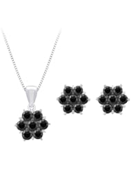 Sterling Silver, Black Diamond Floral Earrings and Pendant with Box Chain, Set (1 3/8 cttw)