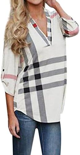 Eforward Women's Blouse Casual Plaid V Neck 3/4 Sleeve T-shirts Pullover Tops 2XL White