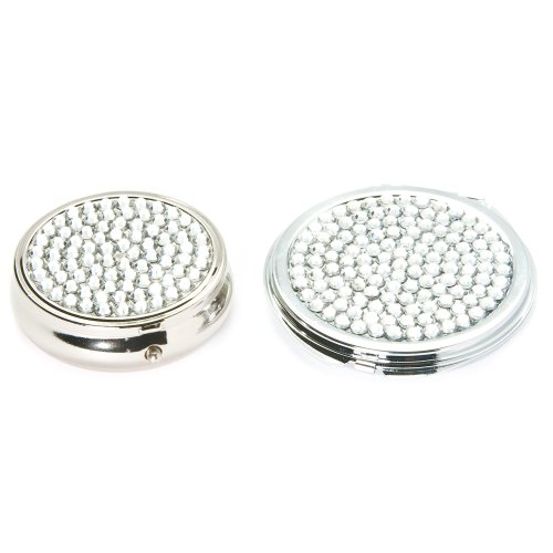 2 X Clear Crystal Set: Round Pill Box & Cosmetic Mirror