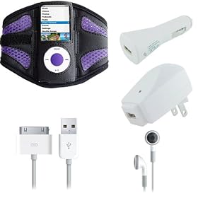 Apple iPod Nano 5G (Video Recorder) Purple Mesh Neoprene Sports Armband w/ USB 2in1 Sync and Charging Data Cable, USB Car Charger, USB Wall / Travel Charger, & Earphone / Headphones