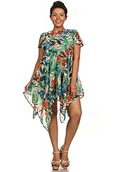 Plus Size Floral Print Tropical Print Asymmetric Sheer Summer Short Sleeves High-Neck Polyester  Dress