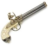 17th Century Triple Barrel Flintlock Pistol - Metal Replica Gun with Faux Ivory Grips and Rotating Barrel