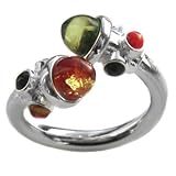Multicolor Amber Pink Blue lavander and Sterling Silver Pandora Style Adjustable Designer Ring Size 6, 7, 8