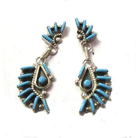 Click here to buy Zuni Petiit Point Long Drop Earrings with Blue Sleeping Beaty Turquoise and Signed Phil Andy by Roger Enterpries.