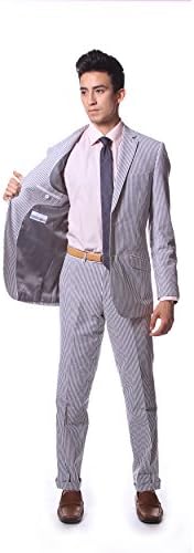 Mens Seersucker Cotton Suit Slim Fit Two Button Two pices Gray and White Stripe