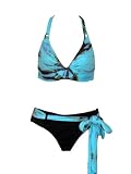 Lucky Brand Sky Blue & Brown Tie Dye Halter Bikini L
