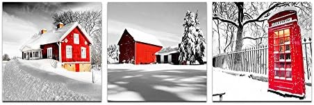 Eden Art (3pcs/set) 16x16 Inch High Giclee Morden Red House and Call Box Landscape Winter Snow Pictures Photo Prints on Canvas Painting, Stretched and Framed Wall Artwork for Home Decor Ready to Hang