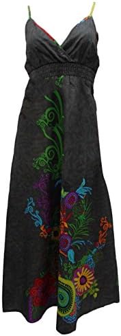 Black Spaghetti Strap Dress Pure Cotton Blouse Floral Print Tunic Sundress SIZE 0