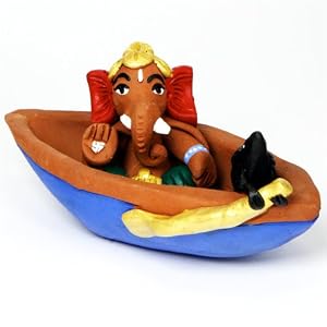 Terra-cotta Ganesha Statue in Boat with Mouse