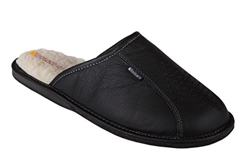 Mens comfort slippers Genuine Natural Leather and 100% Sheep Wool Lining, Normal Width