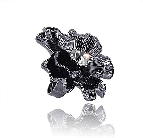 Large Black Ruthenium Finish Rose Flower Cocktail Ring (Adjustable size 6-9)
