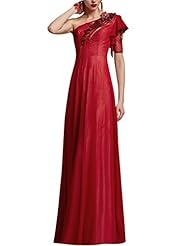 Empire   Waistline One Shoulder Short Sleeves Satin Spring Cocktail Floor Length Applique Backless Beaded Homecoming Dress/Prom Dress/Wedding Party Dress 