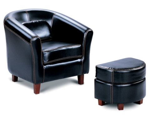 Kitchen: Black leather like childs size club chair and ottoman