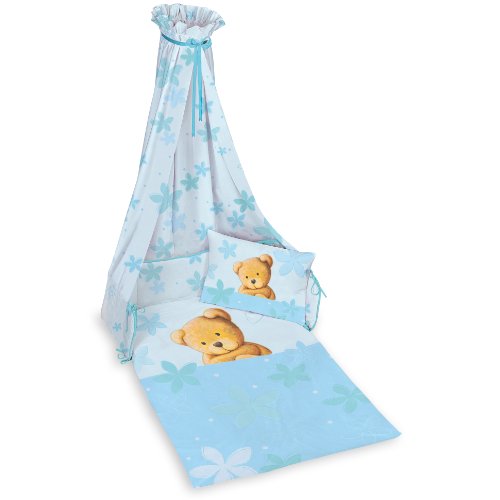 Herding 251729300 Babybettausstattung 3-er Set Carola Teddy hellblau. 40 x 60 cm + 100 x 135 cm. Linon. inklusive Nestchen und Himmel