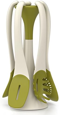 Modern 5 Pc. Kitchen Utensil Set with Magnetic Tabletop Stand to Keep Utensils Organized. Includes Ladle, Spatula, Skimmer, Spaghetti Server, Serving Spoon. FDA Approved.