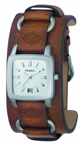 Fossil Ladies Genuine Brown Leather Cuff Strap watch With Cream Dial