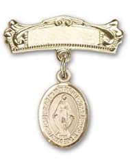 14K Gold Baby Badge with Miraculous Charm and Arched Polished Badge Pin