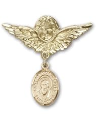Gold Filled Baby Badge with St. Francis de Sales Charm and Angel with Wings Badge Pin