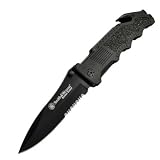 Smith & Wesson SWBG1S Border Guard 2 Rescue Knife with Serrated Drop Point Blade, Glass Break, and Seatbelt Cutter, Black
