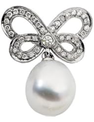 1/4 CT TW/10.00MM Drop 18K Palladium White Gold South Sea Cultured Pearl & Diamond Butterfly Brooch