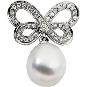 1 8K Palladium White Gold South Sea Cultured Pearl and Diamond Butterfly... by