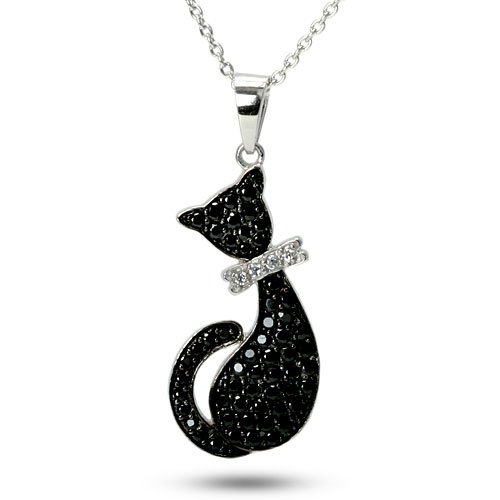 Black Cat Charm With Bow Cubic Zirconia CZ Sterling Silver Animal Necklace