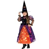 Pretty Witch Childs Fancy Dress Halloween Costume Medium Age 5-6 With Fibre Optic Lights