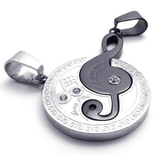 KONOV Jewelry 2pcs Mens Womens Couples Music Stainless Steel Pendant Love Necklace Set, 18 and 22 inch Chain, Silver Black