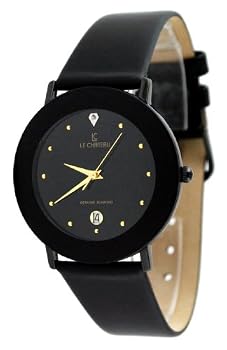 Le Chateau #955M-1 Men's Black IP Elegant Leather Strap Domed Crystal Watch