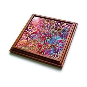 Batik Gold Fuchsia Sky Purple Gold Floral Print - 8x8 Trivet With 6x6 Ceramic Tile by 