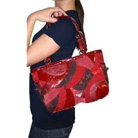 Coach Signature Patchwork Circle East West Gallery Tote Handbag Red 14004
