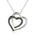 Black Rhodium Sterling Silver Black and White Diamond Double Heart Pendant Necklace (.1 Cttw), 18"
