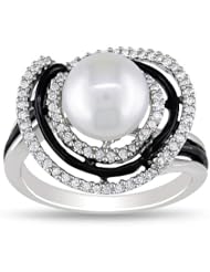 Black Resin Plated Sterling Silver 8.0-8.5mm Freshwater Cultured Pearl and Diamond Ring (0.25 cttw, G-H Color, I2-I3 Clarity)