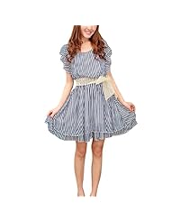 Striped Print Chiffon Belted Stretchy Sheer Round Neck Tunic/Mini Dress 