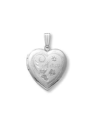 14k White Gold Heart "MOM" Locket with Diamond Accent 3/4 inch x 3/4 inch