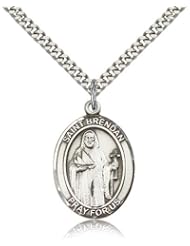 Free Engraving Included Medal- Sterling Silver St. Saint Brendan the Navigator Pendant 1" Oval 7018SS w/24" SG Heavy Curb Chain w/Box Patron Saint of Sailors/Mariners