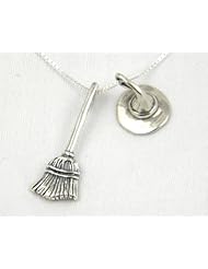 Sterling Silver Witch Hat and Broom Charms Pendants Necklace w Chain A Marty Magic Creation