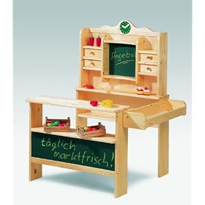 Kaufladen mit zwei Schreibtafeln, vier Schublädchen und Fächern aus Holz – ein wunderbares Weihnachtsgeschenk für Kinder.