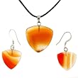 Carnelian Agate Trillion Drop Pendant and Earrings Set - Pendant (22mm), Earrings (16mm) - Adjustable Cord Necklace