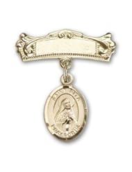 14K Gold Baby Badge with St. Rita Baseball Charm and Arched Polished Badge Pin