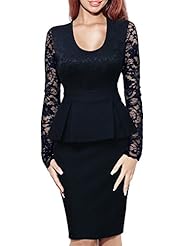 Sexy Cotton/Spandex Knee Length Fitted Lace Peplum Long Sleeves Scoop Neck Floral Print Bodycon Dress/Evening Dress/Party Dress 
