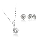10K White Gold Diamond Floral Cluster Earrings and Pendant with Box Chain, Set (1/2 cttw)