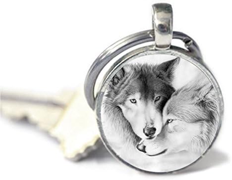 Love Wolf Keychain . Moon Art Keychain Jewelry.Love Wolf Jewelry .Love Wolf Keychain . Full Moon . Moon Keychain