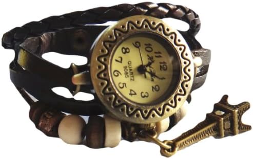 Misslo® Brown Round Dial Vintage Weave Wrap Bracelet Wrist Watch with Eiffle Tower